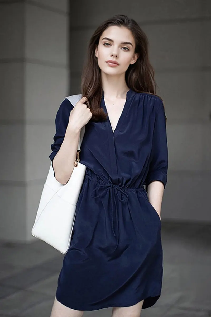 19 MM Silk Elbow-Sleeve Drawstring Waist Midi Dress - HBQMJX