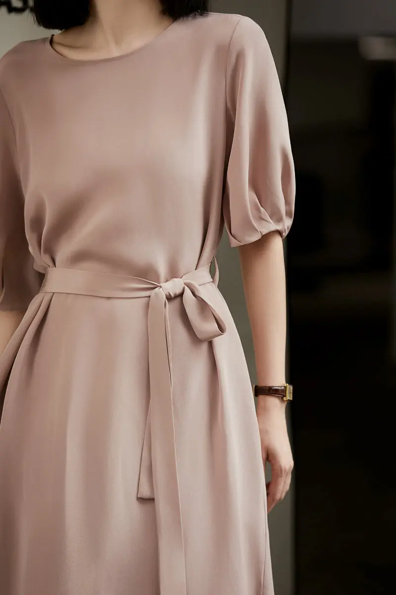 Pink 30MM Silk Crepe Belted Midi Dress - HBQMJX