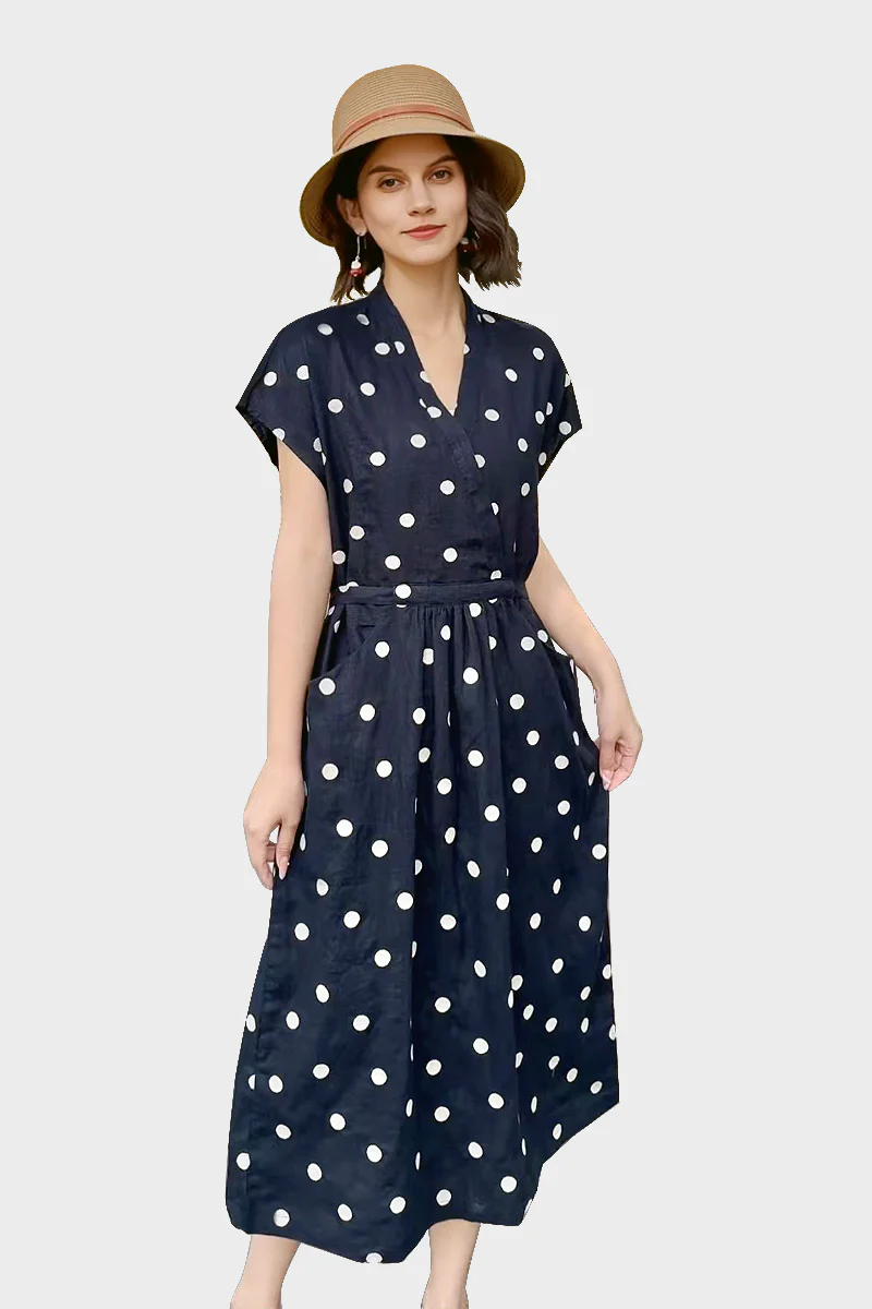 100% Ramie Polka Dot V-Neck Midi Dress - HBQMJX