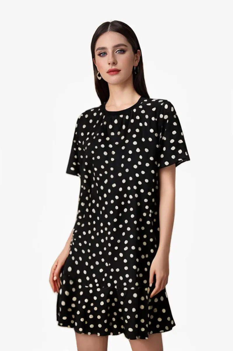 100 Mulberry Silk Black Polka-Dot Ruffle Midi Dress - HBQMJX
