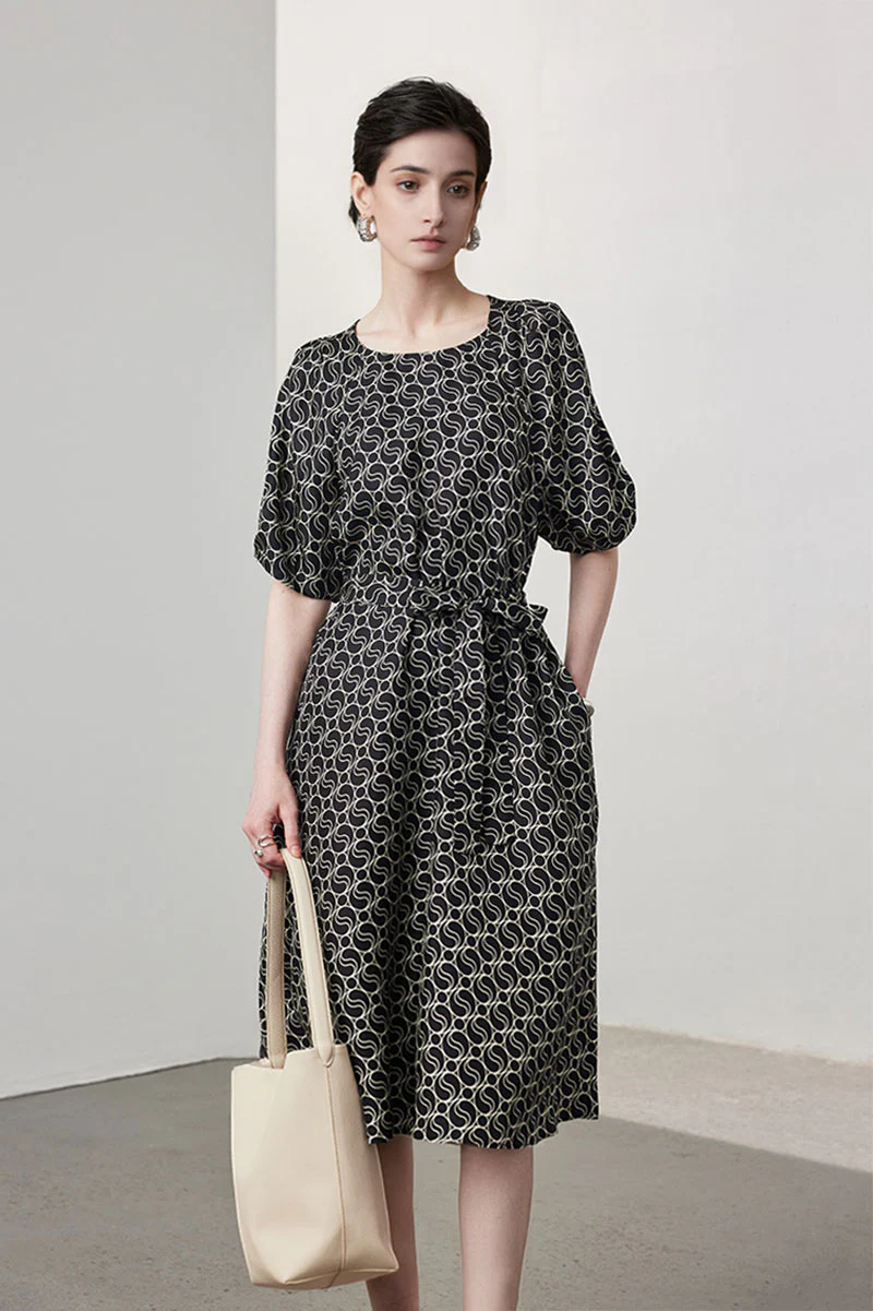 100 Mulberry Silk Chain Print Puff-Sleeve Belted Midi Dress with Pockets - HBQMJX