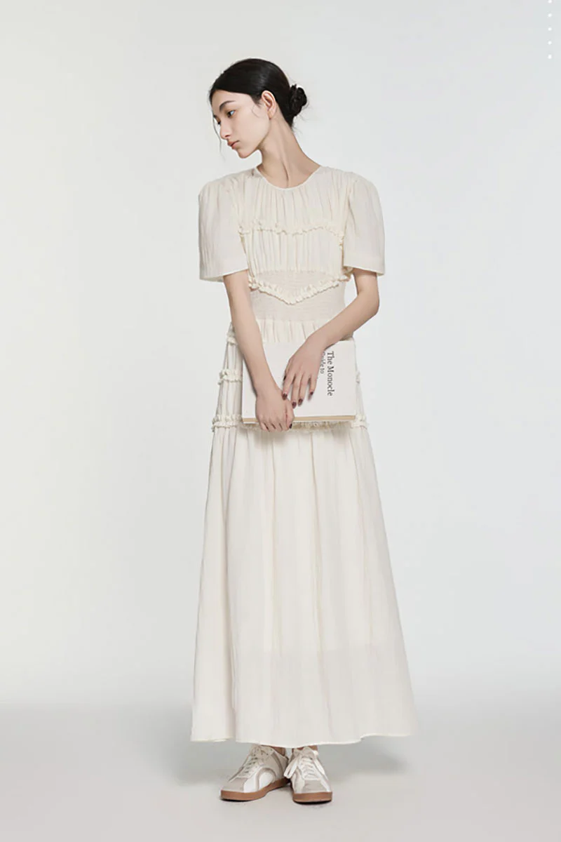 Fit & Flare Ruffled Puff-Sleeve Smocked-Waist Maxi Dress - HBQMJX