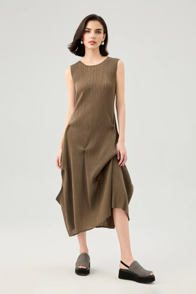 Designer Inspired Pleated Asymmetrical Midi Dress - HBQMJX