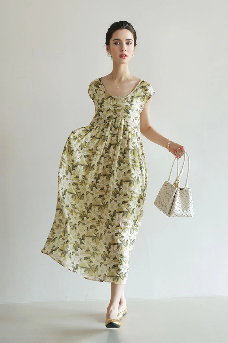Pure Ramie Floral Sleeveless Scoop-Neck Midi Dress - HBQMJX