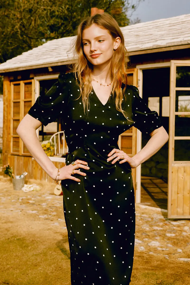French-Inspired Silk  Crepe-Back Polka Dot Midi Dress in Black - HBQMJX