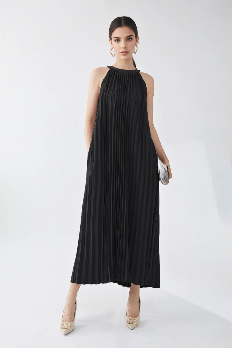 Designer Inspired Pleated Flowy Halter-Neck Midi Dress in Black - HBQMJX