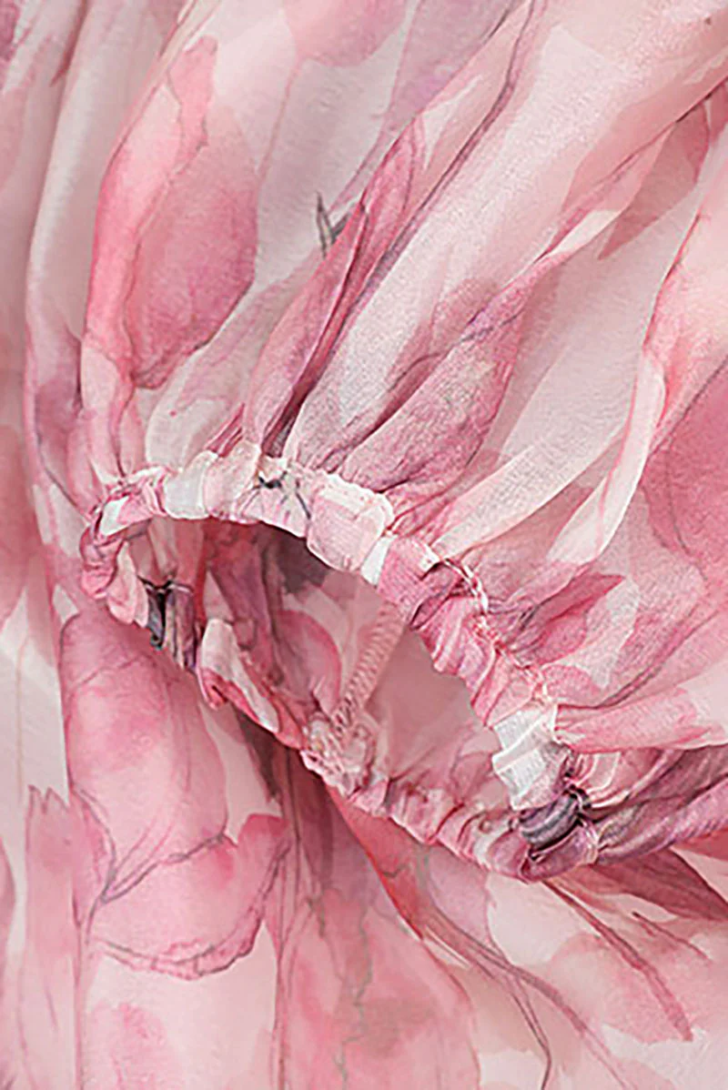 Boho Flower Balloon-Sleeve V-Neck Chiffon Maxi Dress with Underdress - HBQMJX