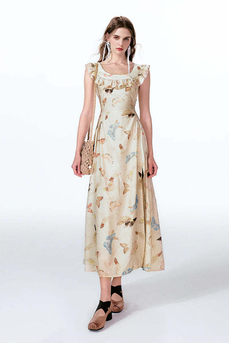 Vintage Butterfly Fit & Flare Ruffle Maxi Dress - HBQMJX