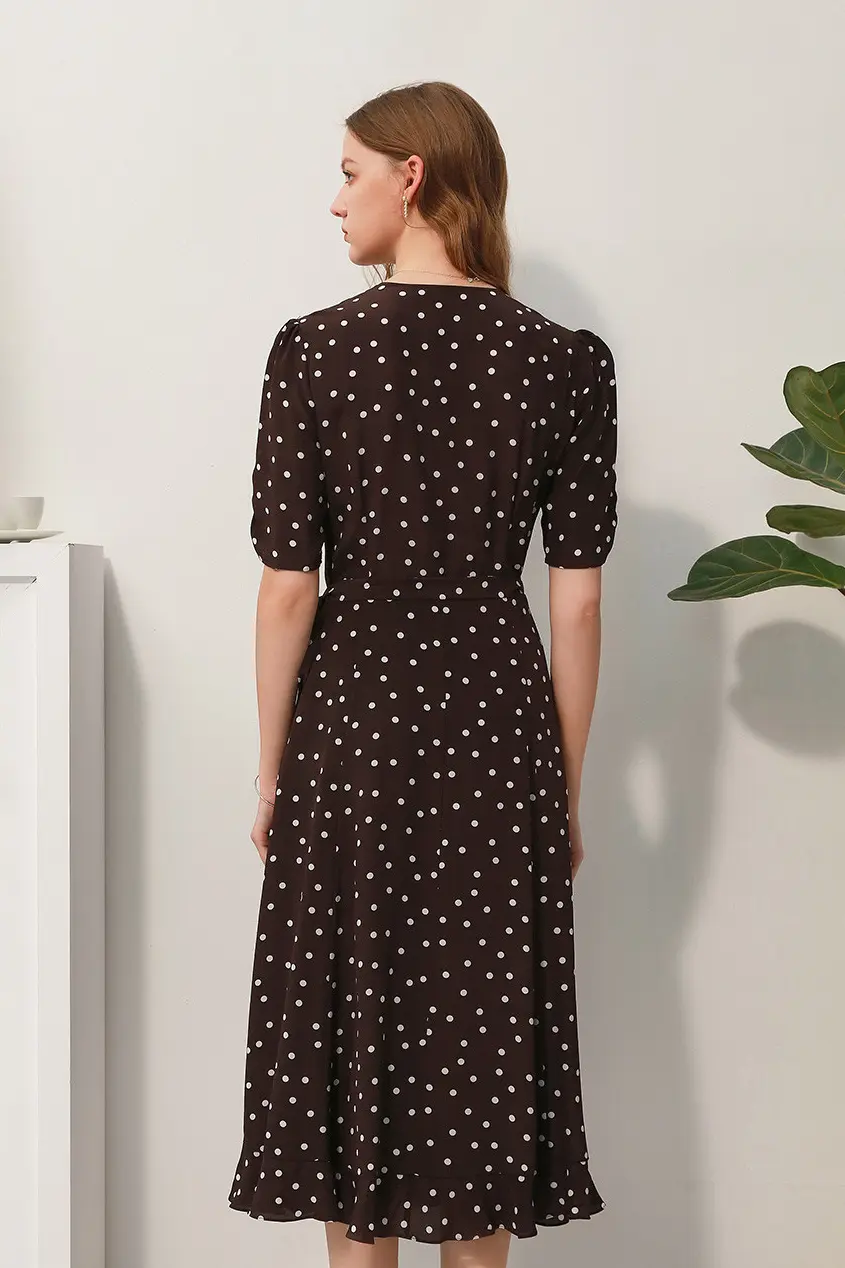 V-Neck Polka Dot Silk Midi Dress - HBQMJX