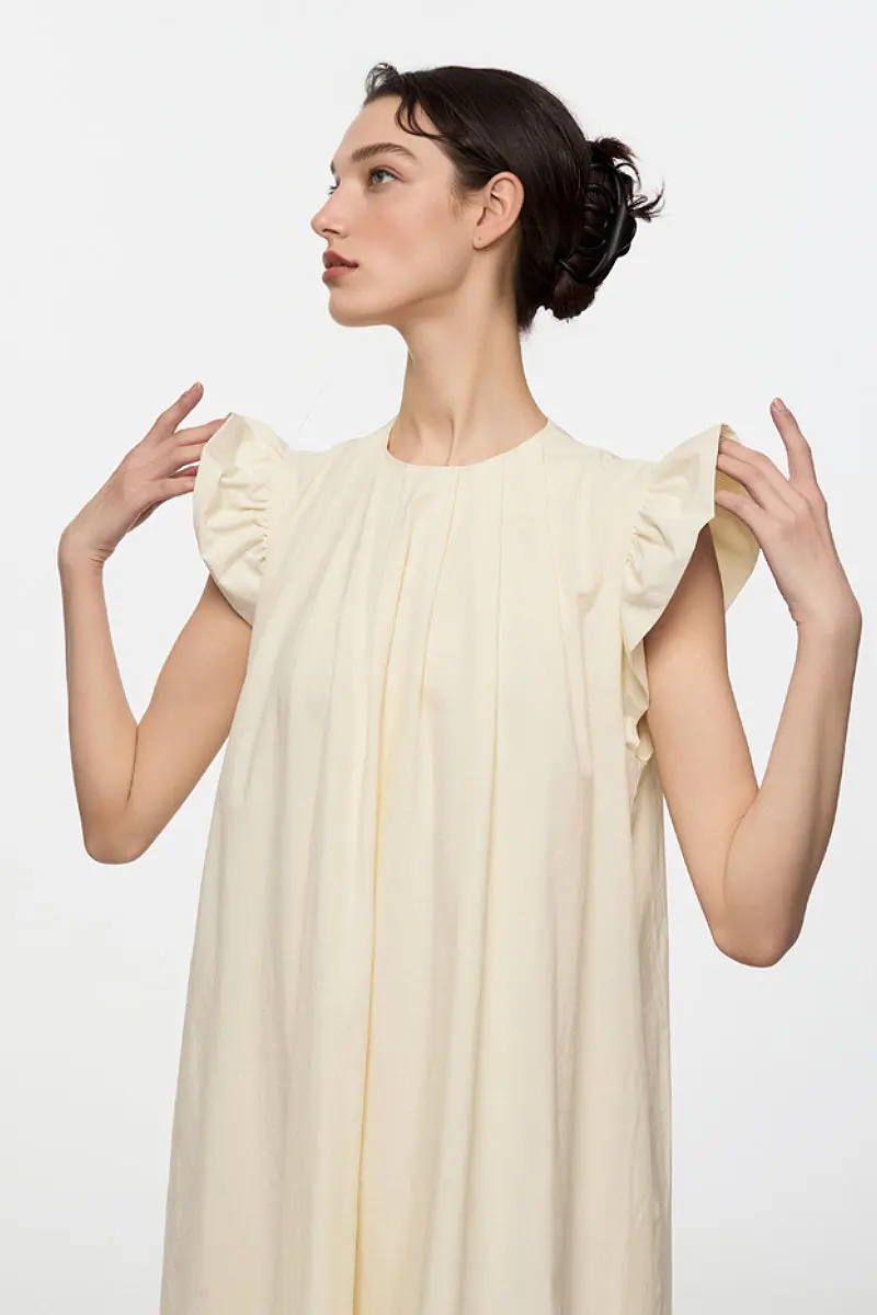 White Ruffle Cap-Sleeve Trapeze Maxi Dress - HBQMJX