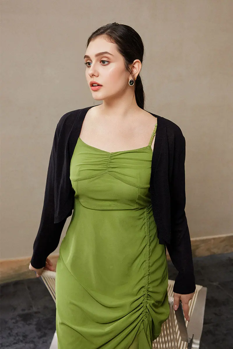 Ruched Mesh Drawstring Midi Dress in Olive Green - HBQMJX