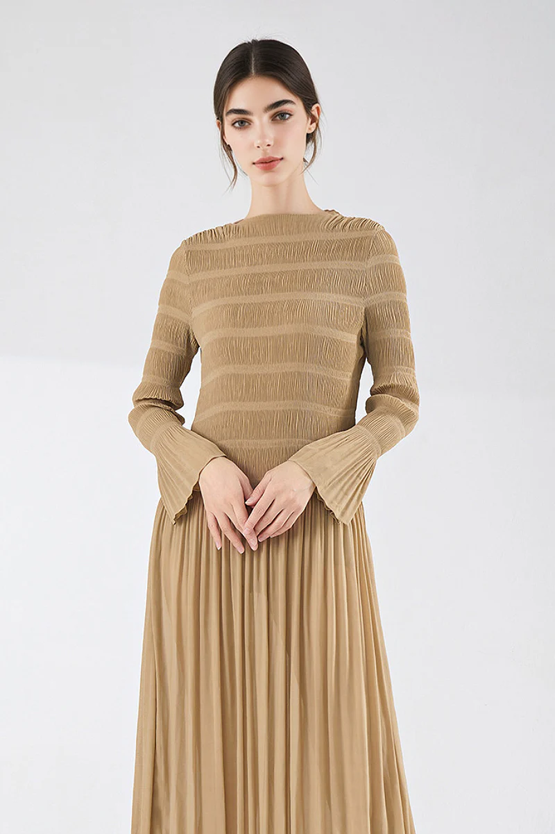 Designer Inspired Pleated Long Sleeve Smocked Maxi Dress - HBQMJX