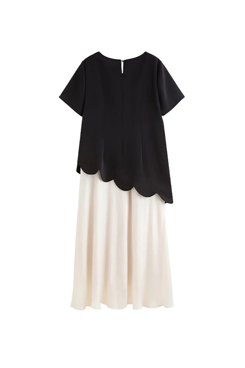 Black & White Short-Sleeve Mixed Media Midi Dress - HBQMJX