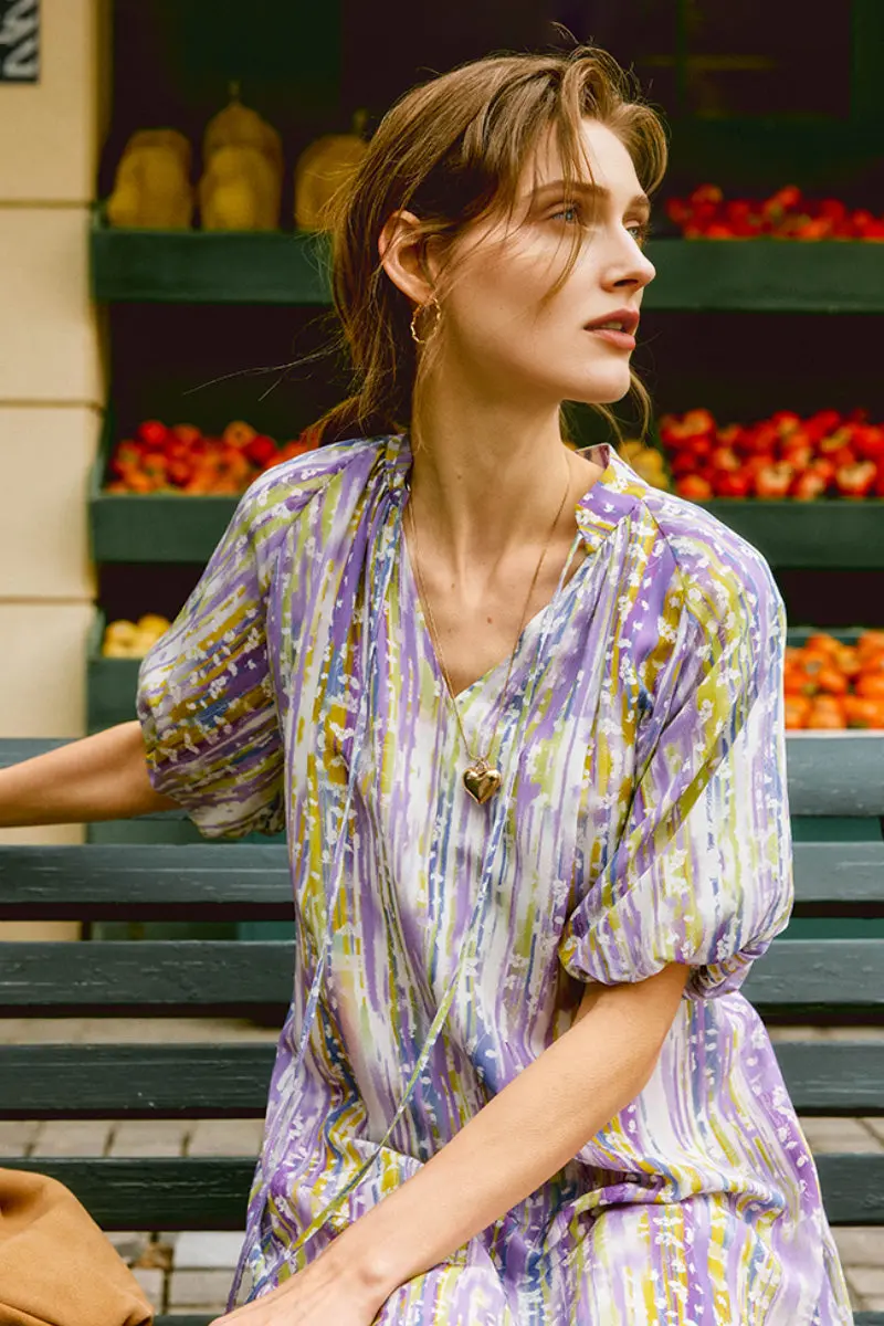 Purple Silk Double Crepe Abstract-Print Midi Dress - HBQMJX