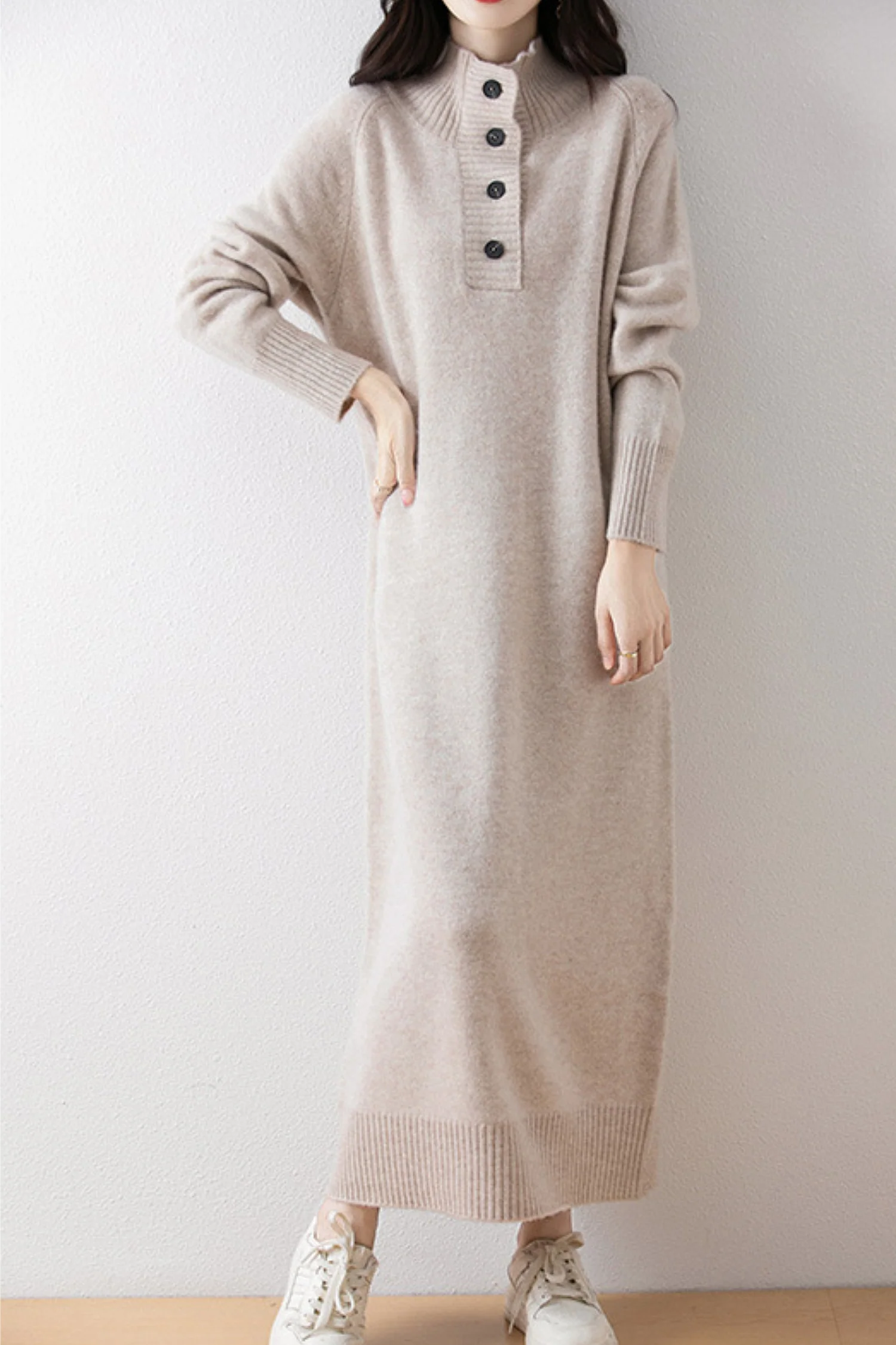 Chunky Wool Long Sleeve Turtleneck Maxi Sweater Dress - HBQMJX