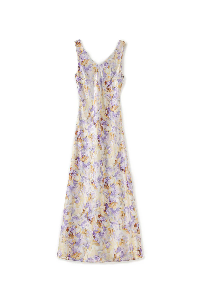 Purple Floral Sleeveless V-Neck Satin Midi Dress - HBQMJX