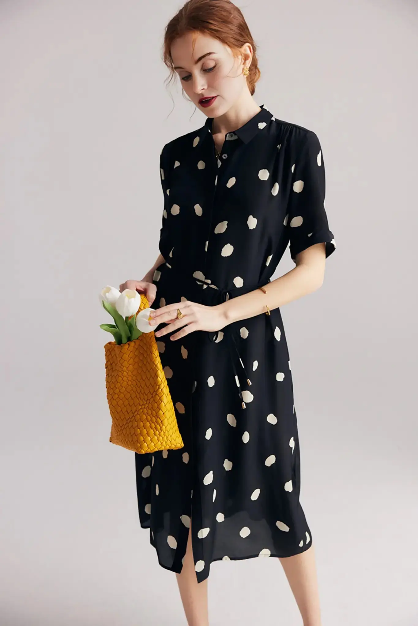 Women's Short Sleeve Polka Dot Silk Dress - HBQMJX