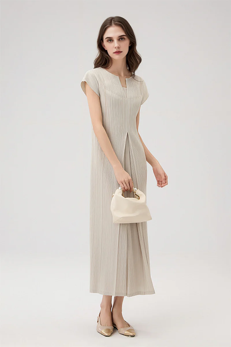 Designer Inspired Pleated Cap-Sleeve Midi Dress - HBQMJX