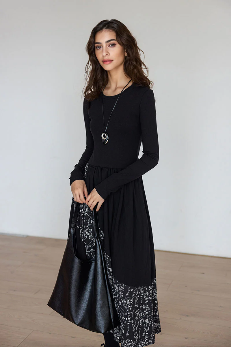 Fit & Flare Long-Sleeve Midi Dress with Flower Patchwork - HBQMJX