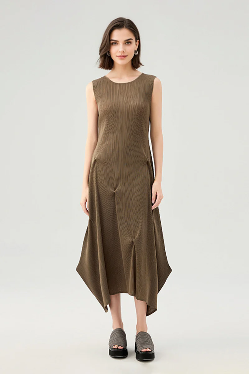 Designer Inspired Pleated Asymmetrical Midi Dress - HBQMJX