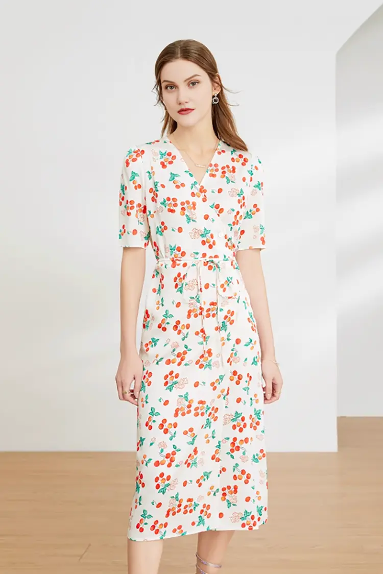 Floral Print V Neck Short Sleeve Dress - JIEEQQ