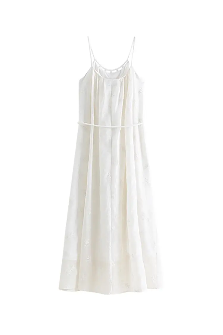 White Flowy Halter Embroidered Dress - HBQMJX