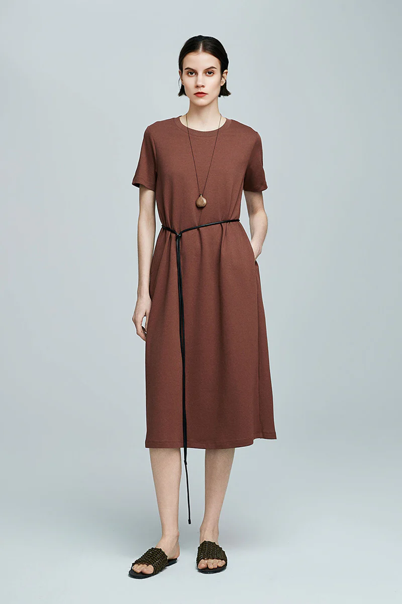 Brown Midi T-Shirt Dress with Pockets - HBQMJX