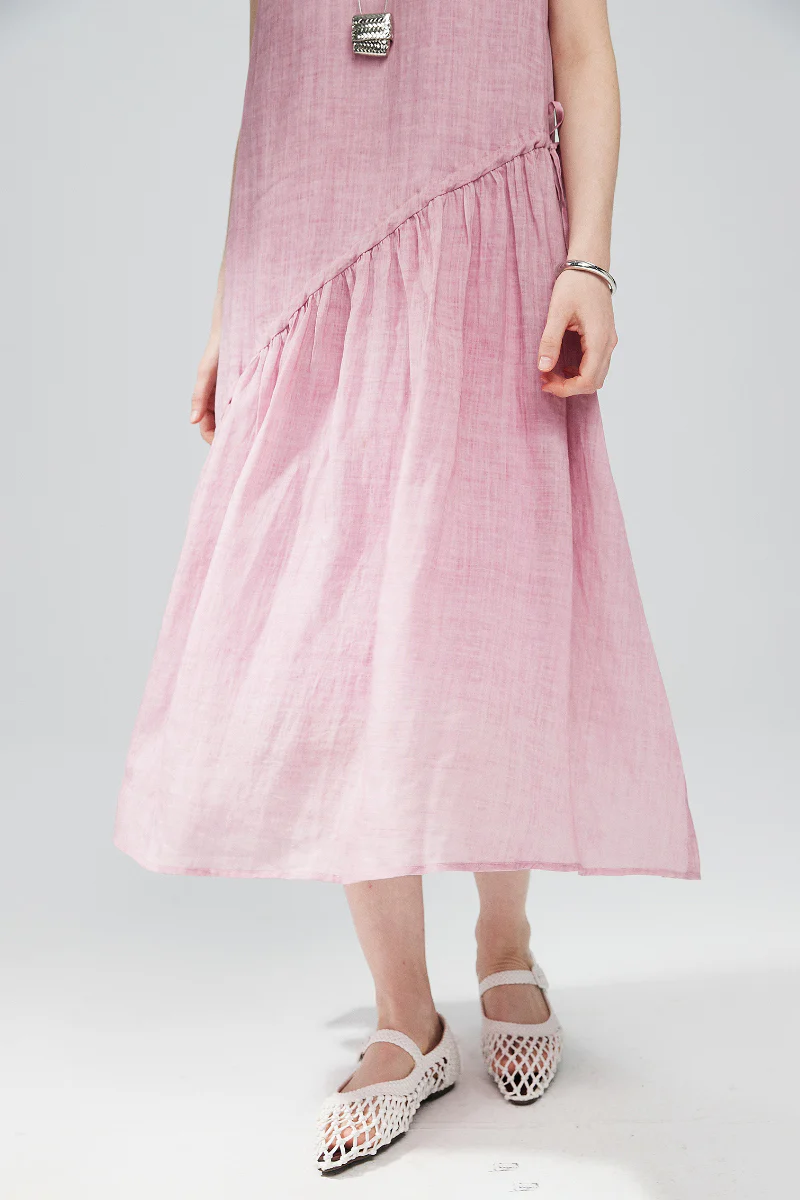 Pink Cotton-Linen Tiered Swing Beach Tank Midi Dress - HBQMJX