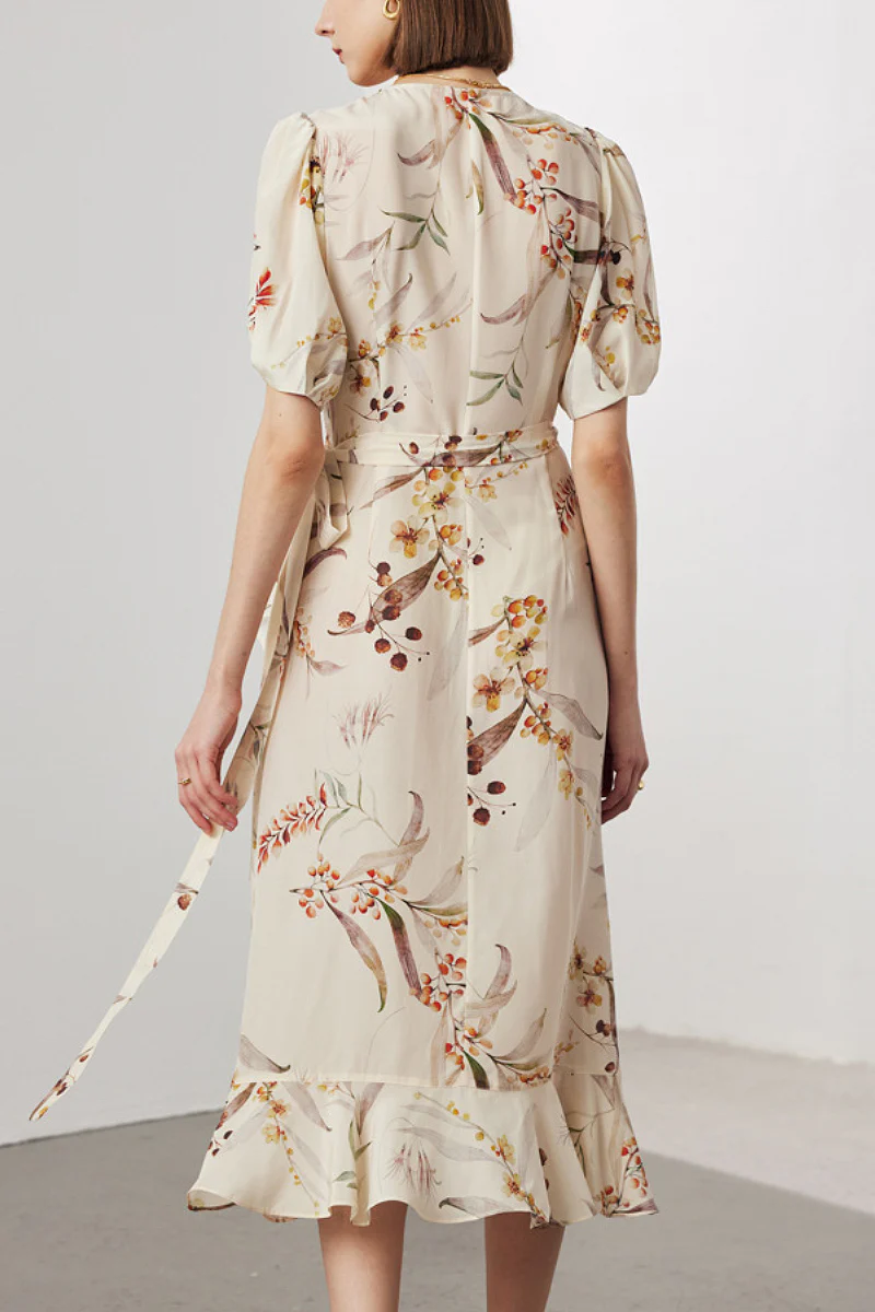100 Mulberry Silk Floral Puff-Sleeve V-Neck Ruffle Wrap Midi Dress - HBQMJX