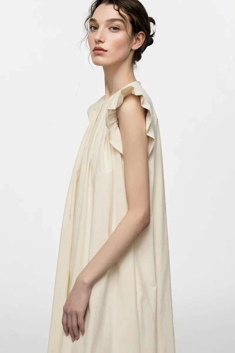 White Ruffle Cap-Sleeve Trapeze Maxi Dress - HBQMJX