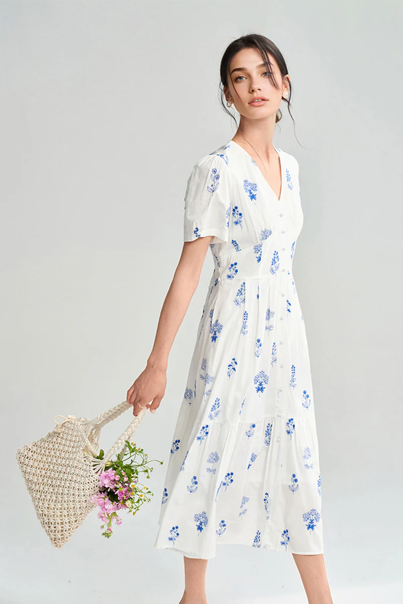100 Cotton Floral Empire Waist A-Line Midi Sundress - HBQMJX