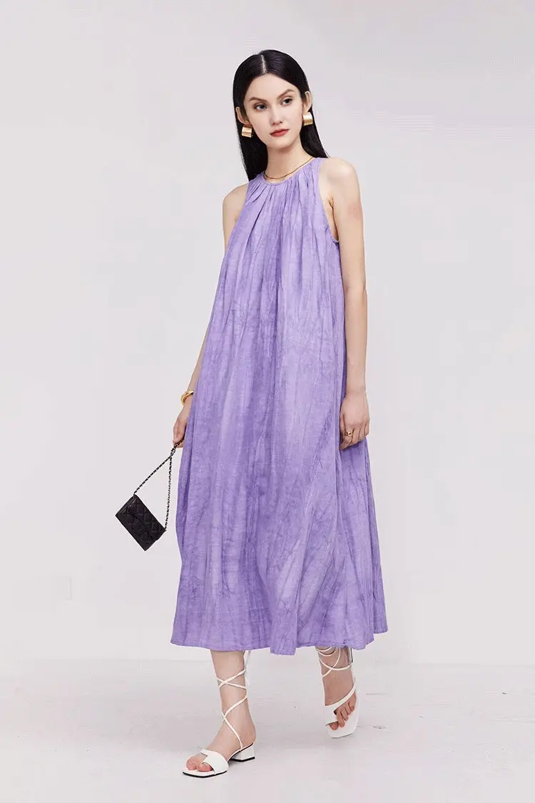Tie Dye Sleeveless Linen Midi Dress - HBQMJX