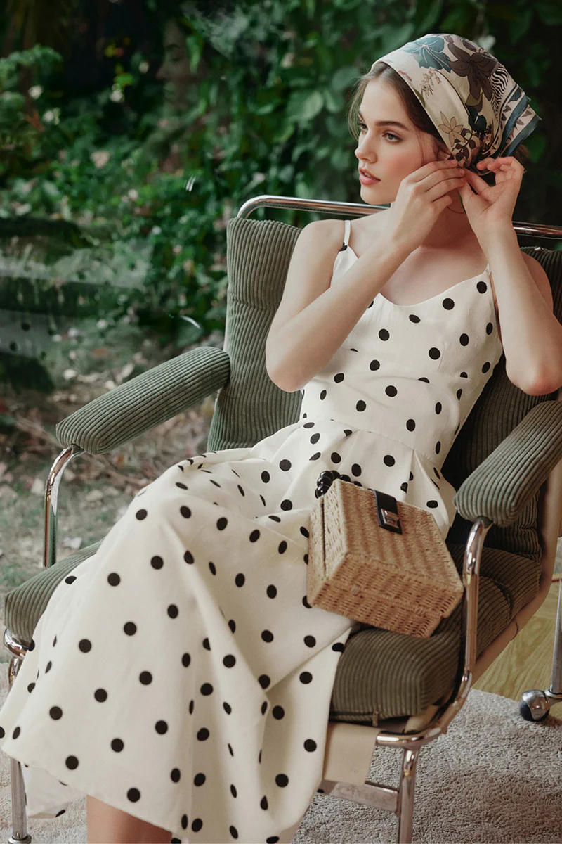 White Polka-Dot Spaghetti-Strap Midi Dress - HBQMJX