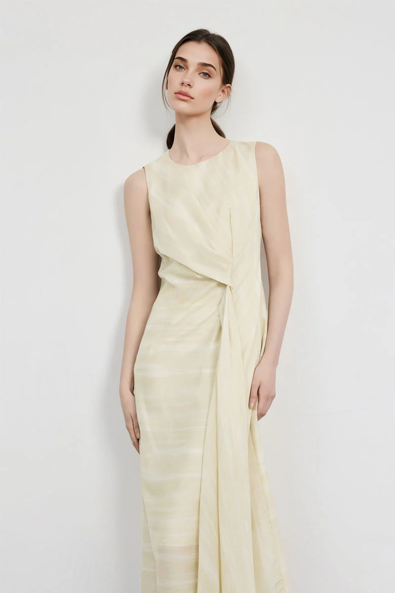 Draped Sleeveless Midi Dress in Yellow Ombre - HBQMJX