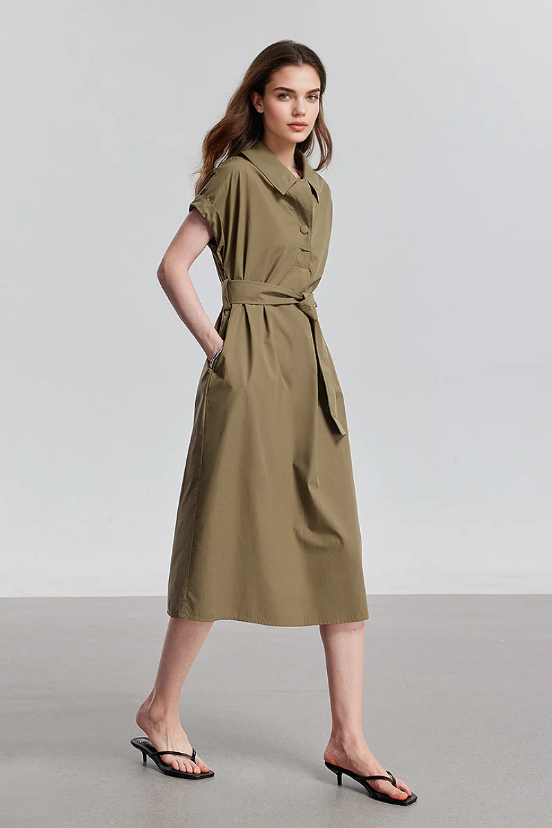 Olive Green Belted Shirt Dress in Cotton-Lyocell Blend - JIEEQQ
