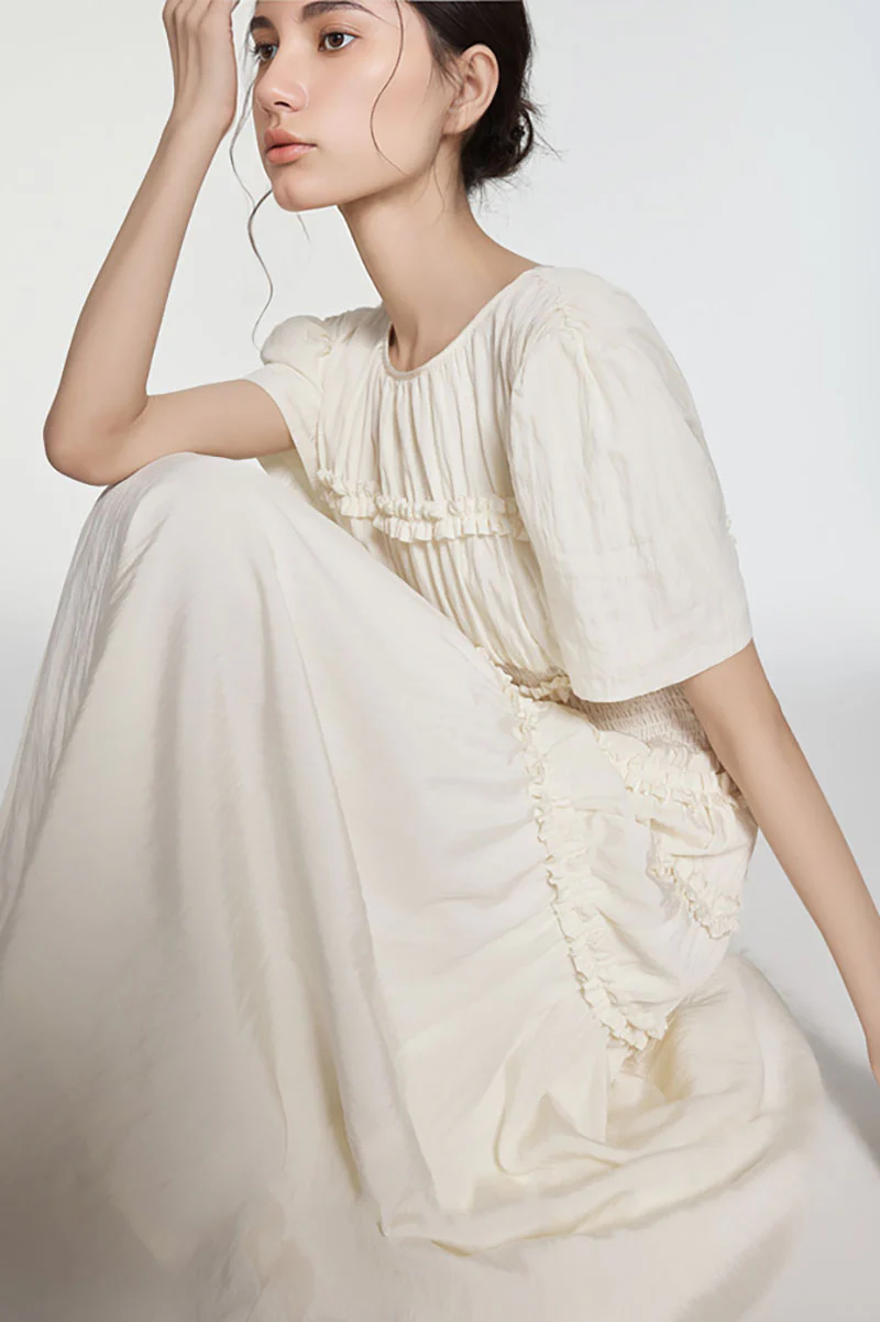 Fit & Flare Ruffled Puff-Sleeve Smocked-Waist Maxi Dress - HBQMJX