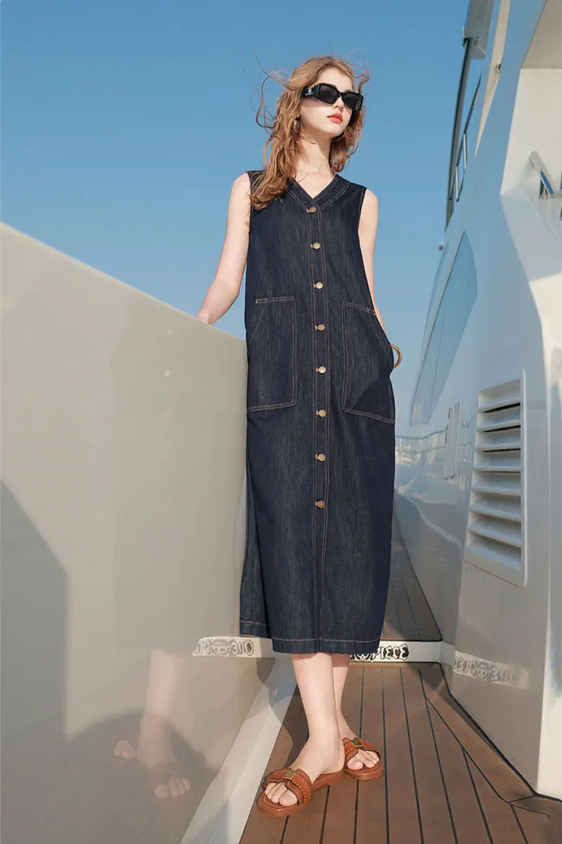Denim V-Neck Vest Midi Dress with Pockets - HBQMJX