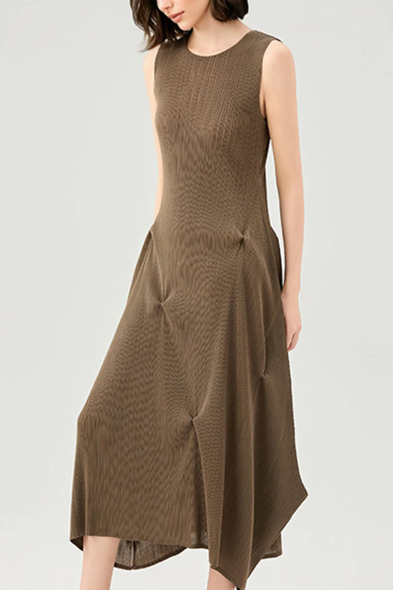 Designer Inspired Pleated Asymmetrical Midi Dress - HBQMJX