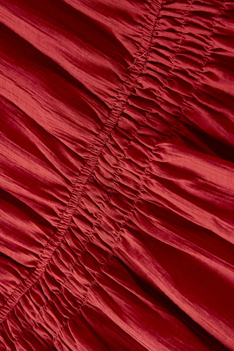 Red Beaded Puff-Sleeve A-Line Midi Dress - HBQMJX