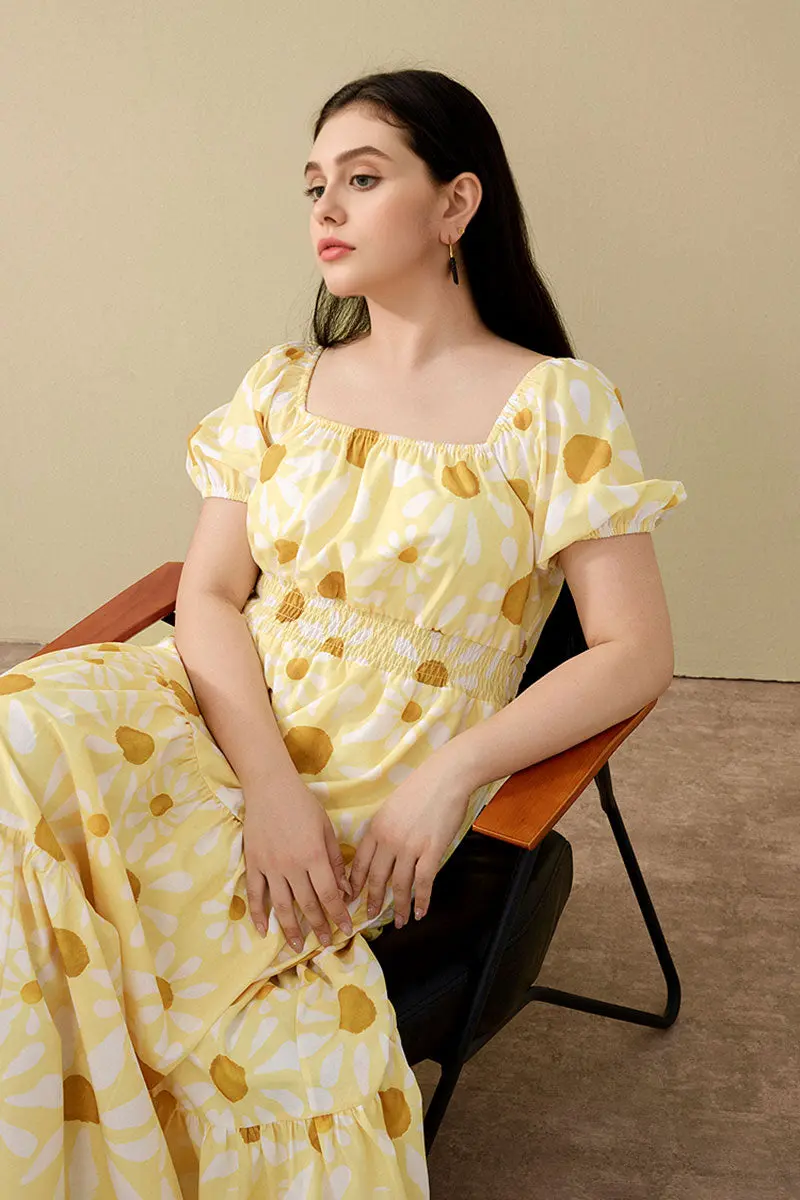 Yellow Floral Tiered Smocked Maxi Dress - HBQMJX