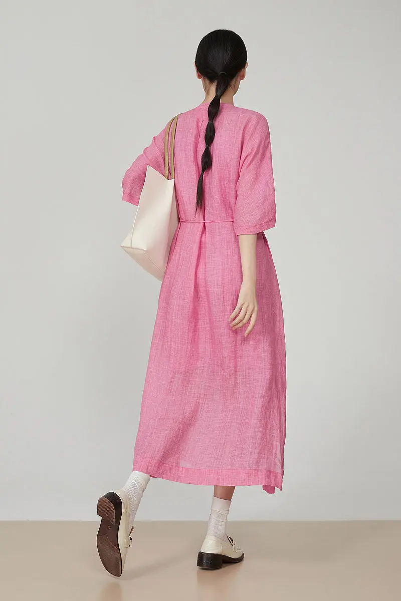 100 Ramie Pink Belted Shirt Midi Dress - HBQMJX