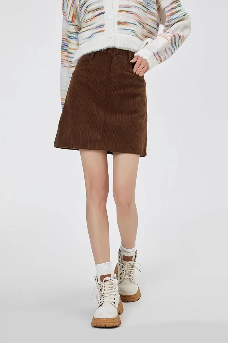 High Waist Corduroy Mini Skirt With Side Pockets - HBQMJX