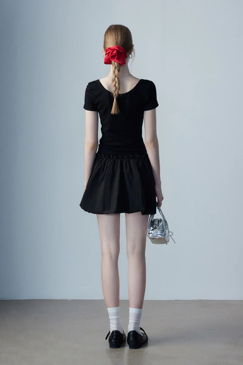 Black Squre-Neck Bubble Mini Dress - HBQMJX