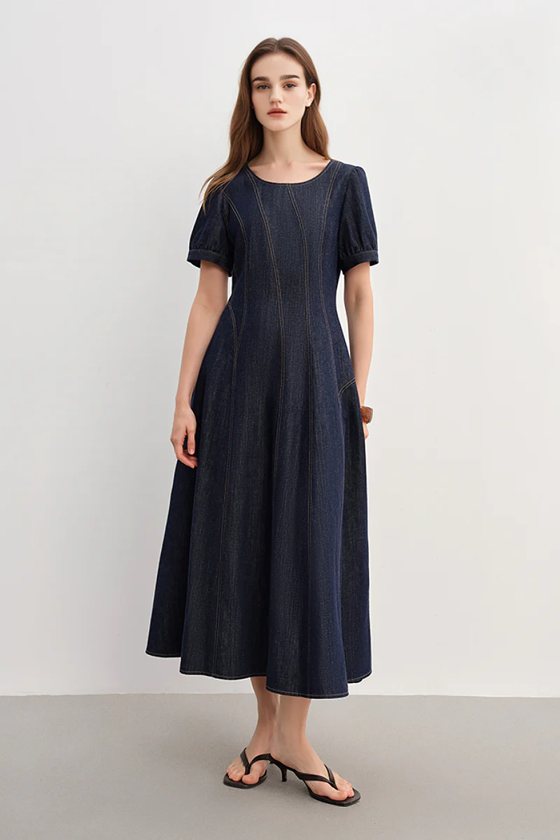 Denim Short-Sleeve A-Line Midi Dress - HBQMJX