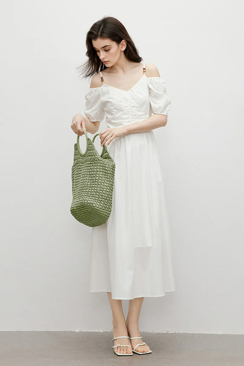 White V-Neck Beaded Strap Midi Dress - HBQMJX