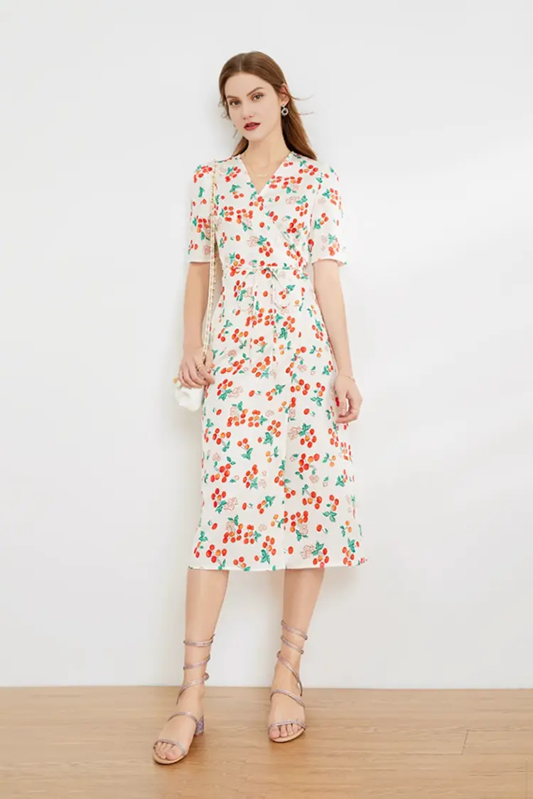 Floral Print V Neck Short Sleeve Dress - HBQMJX