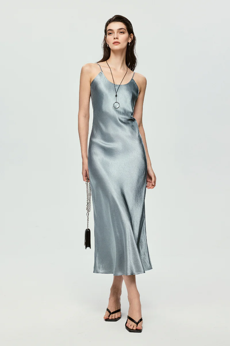 Silver Bias Cut Satin Slip Midi Dress - HBQMJX
