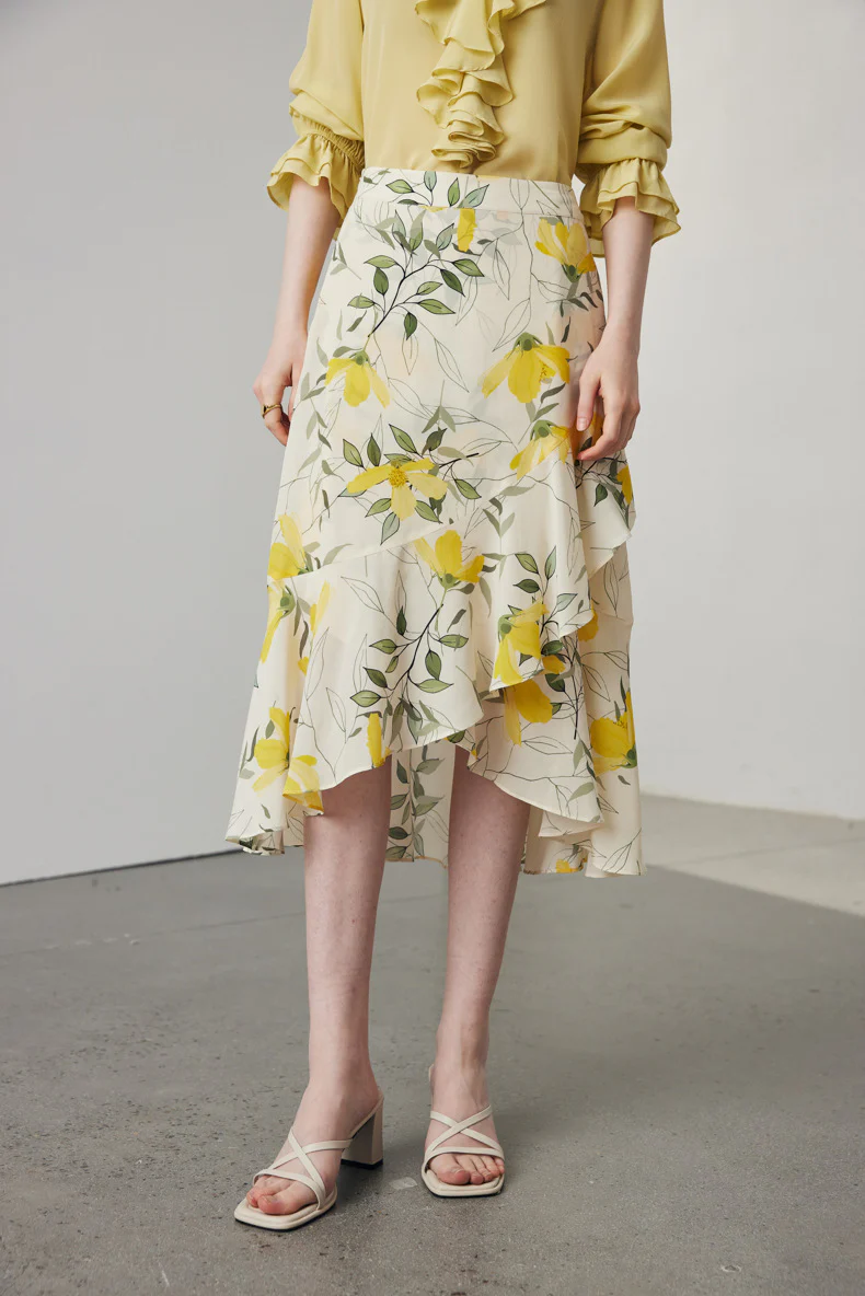 Asymmetric Silk Ruffled Floral Midi Skirt - HBQMJX
