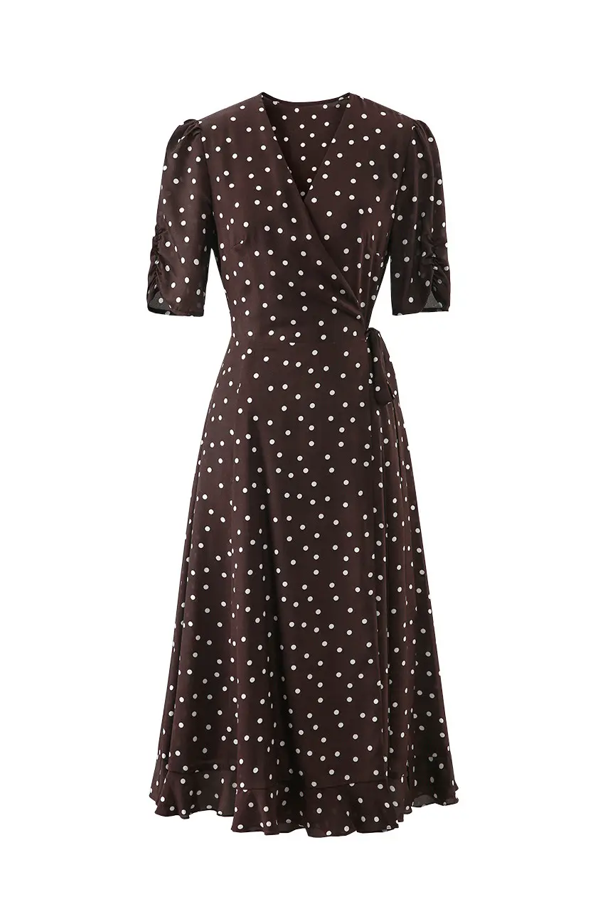 V-Neck Polka Dot Silk Midi Dress - HBQMJX