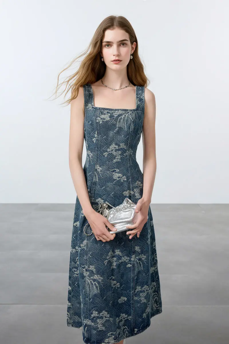 Denim Jacquard Square-Neck A-Line Midi Dress - HBQMJX